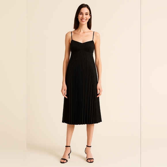 NEW DKNY Micro Pleated Bustier Midi Dress 12 Black Whimsygoth - Picture 1 of 10